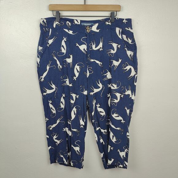 Modcloth Cat Print Trouser Pants Womens 18 Navy Blue Pleated Lightweight Retro - Picture 1 of 10